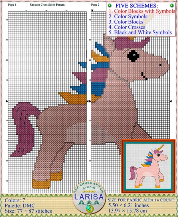Charming cross stitch pattern of a sideways unicorn