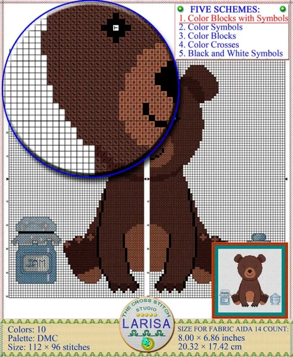 Cute bear cub with cheerful face in cross stitch