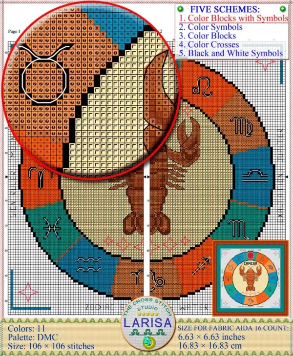Cross stitch embroidery hoop with Cancer design