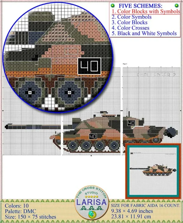 Cross stitch depiction of Challenger 2 tank
