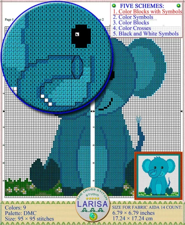 Charming elephant with perked ears in cross stitch