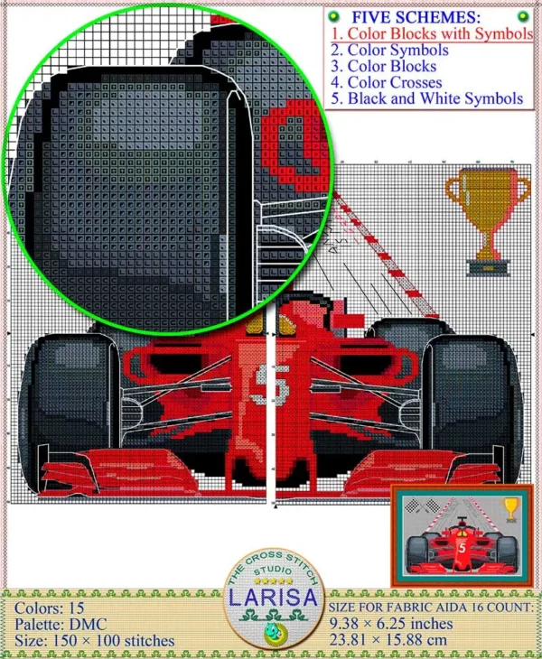 Speeding Formula 1 car in cross stitch