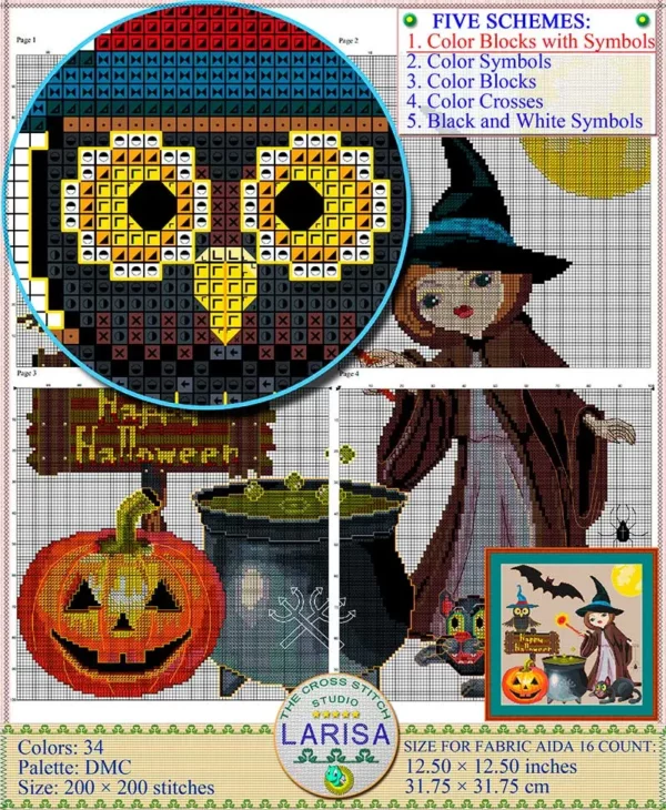 Close-up of a witch and cauldron in a Halloween cross-stitch picture