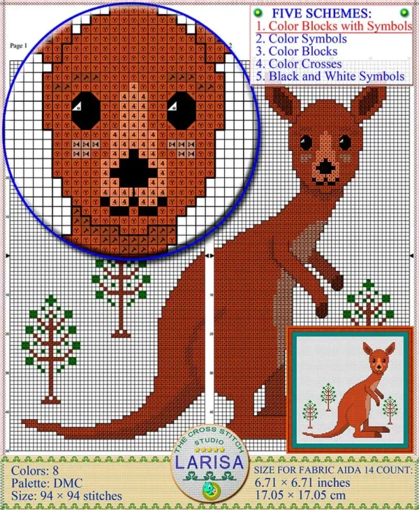Whimsical kangaroo cross stitch chart with adorable cub