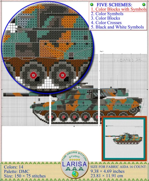 Cross stitch pattern of Leopard 2 tank