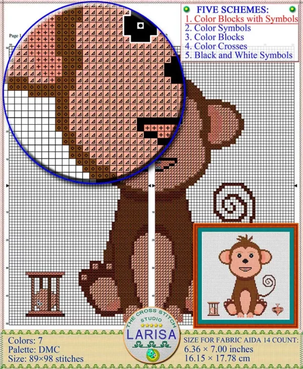 Playful monkey with beloved toys in cross stitch