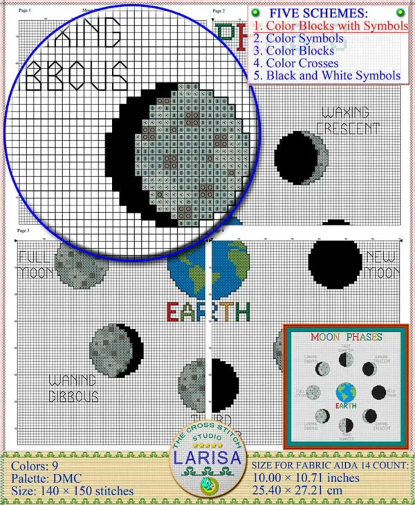 Delicate lunar phases cross stitch chart