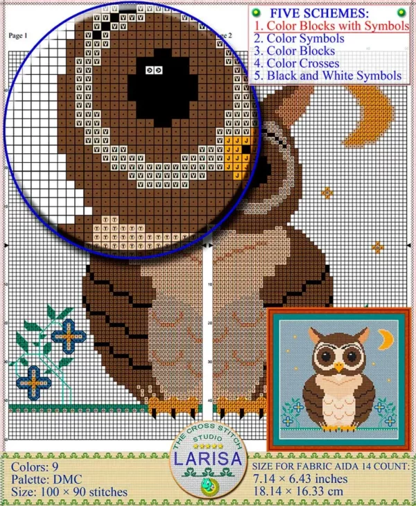 Cute owl with captivating gaze in cross stitch