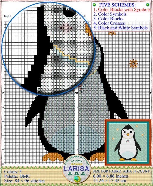 Charming penguin with spread wings in cross stitch