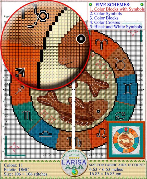 Mystical Pisces Cross Stitch Design - Fish Symbol and Twelve Zodiac Symbols