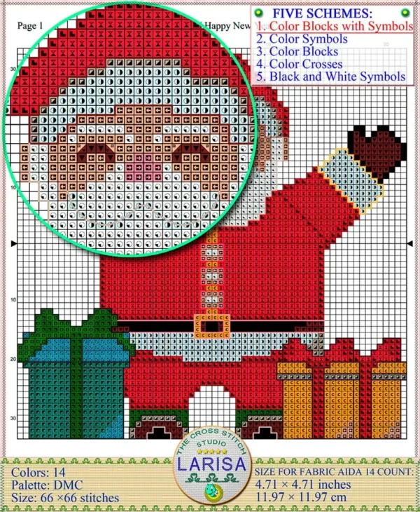 Vibrant cross stitch chart with Santa Claus raising arms in celebration
