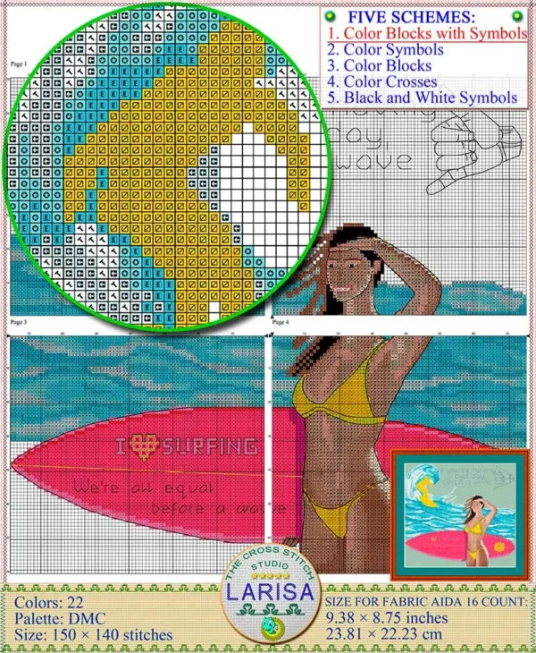 Create a dynamic piece with the surfing cross stitch pattern