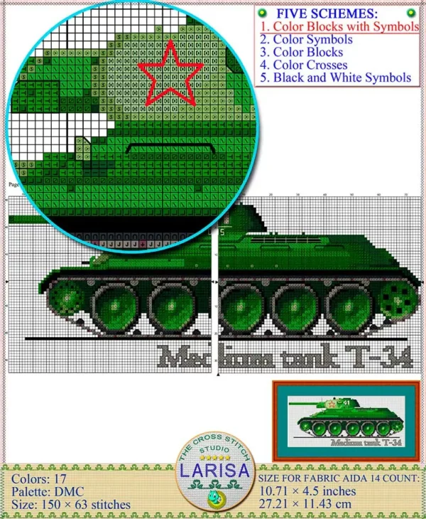 Green armor and red star cross stitch pattern