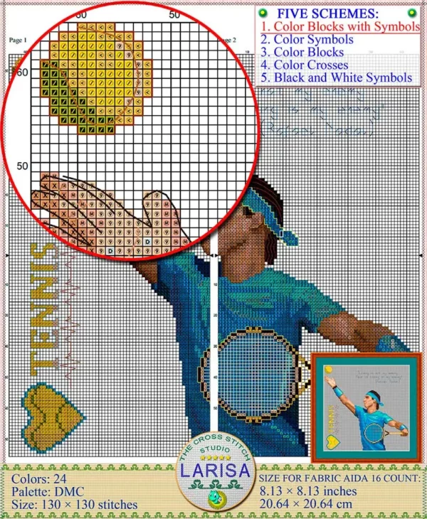 Exquisite tennis player in action cross stitch design