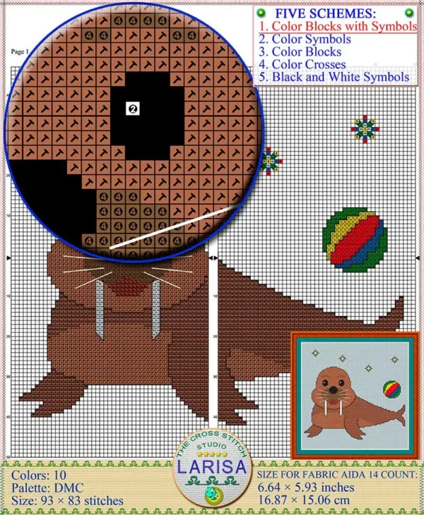 Whimsical walrus cross stitch chart with adorable cub