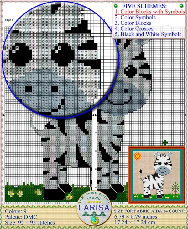 Charming zebra cross stitch pattern featuring innocent expression