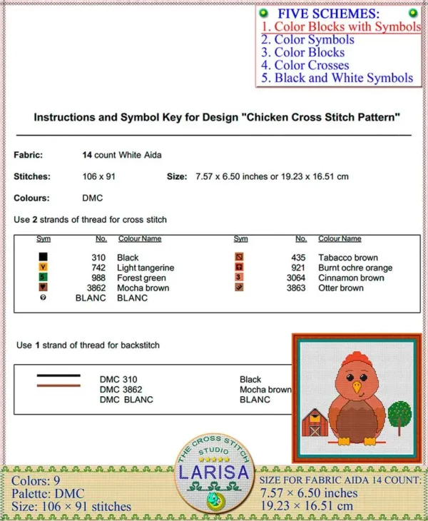Whimsical chicken embroidery chart