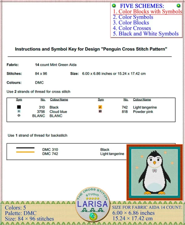 Colorful penguin design for cross stitch