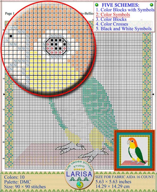 Whimsical Caique parrot cross stitch design for bird lovers