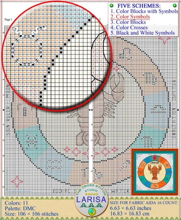 Cross stitches forming circle and symbols in zodiac chart