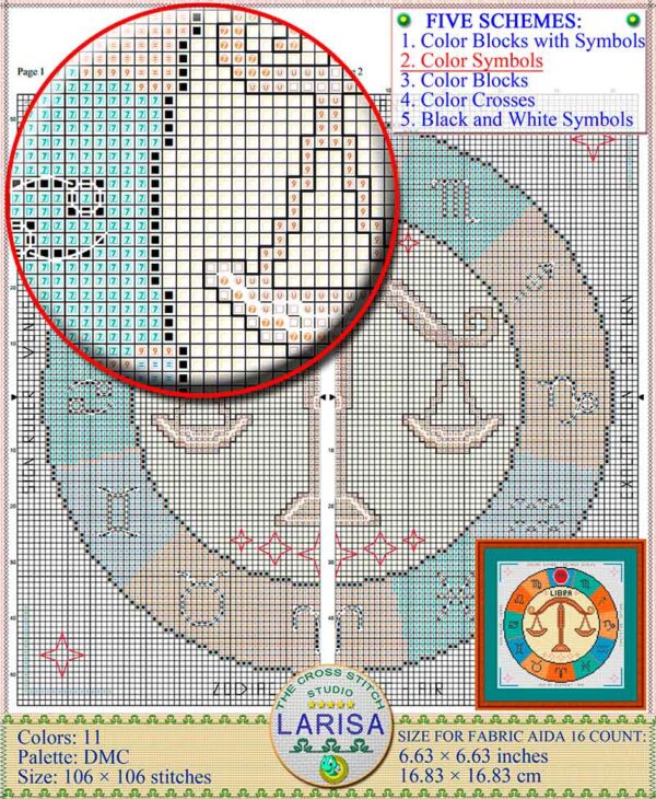 Cross stitches depicting Libra astrological sign