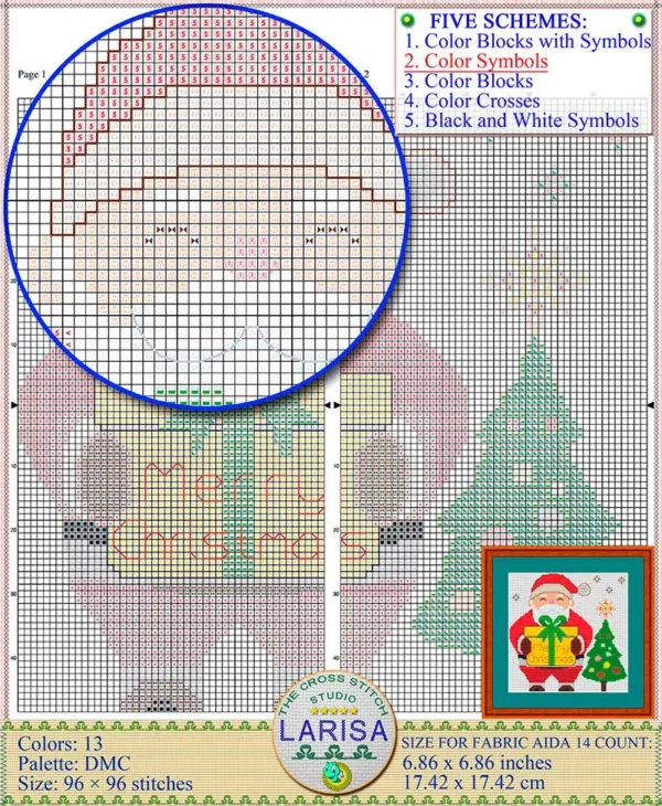 Vibrant Santa Claus with gift box in cross stitch