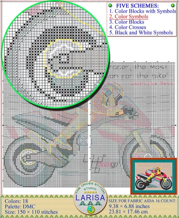 Powerful motorcycle and racer in cross stitch