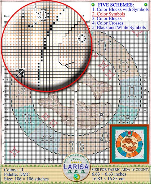 Astrological Pisces Cross Stitch Pattern - Two Fish Swimming in Circle