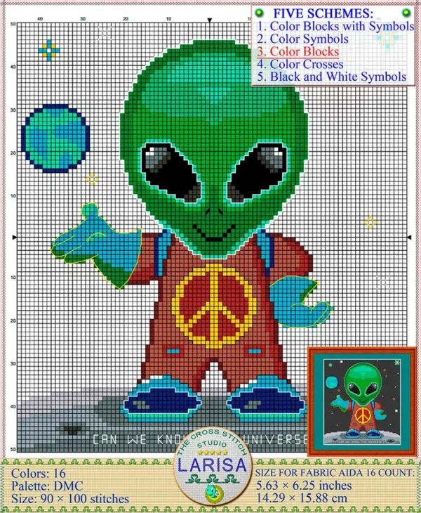 Cosmic Charm: Alien and Planet in Cross Stitch Pattern