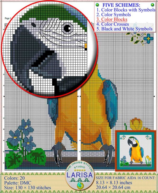 Bright blue and gold macaw parrot cross-stitch chart design