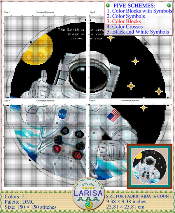 Astronaut cross stitch pattern with spacewalk scene