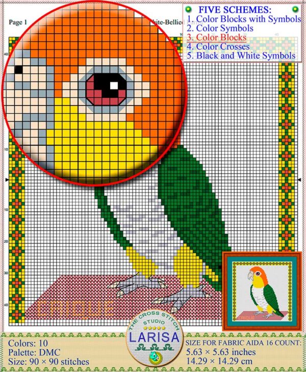 Colorful Caique parrot cross stitch pattern for vibrant stitching