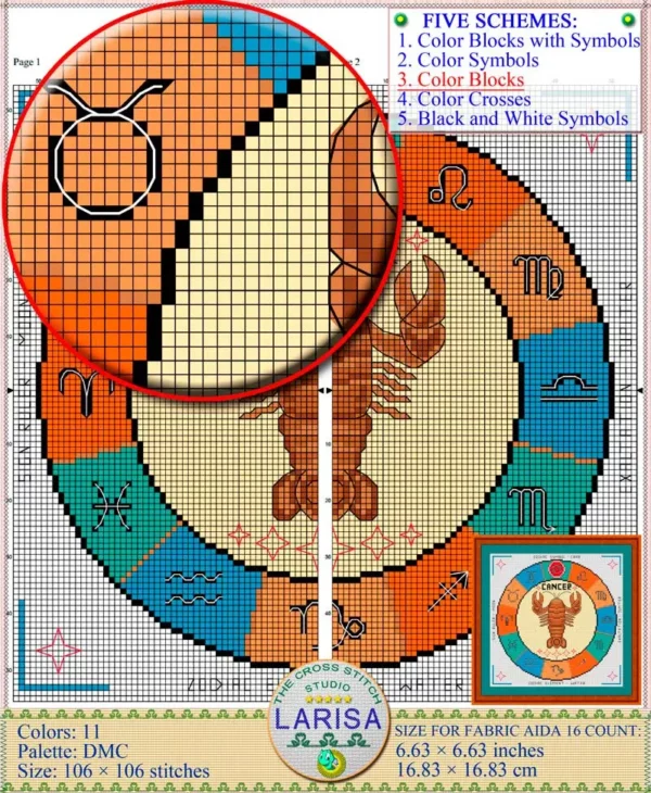 Thread colors and stitches of Cancer cross stitch pattern