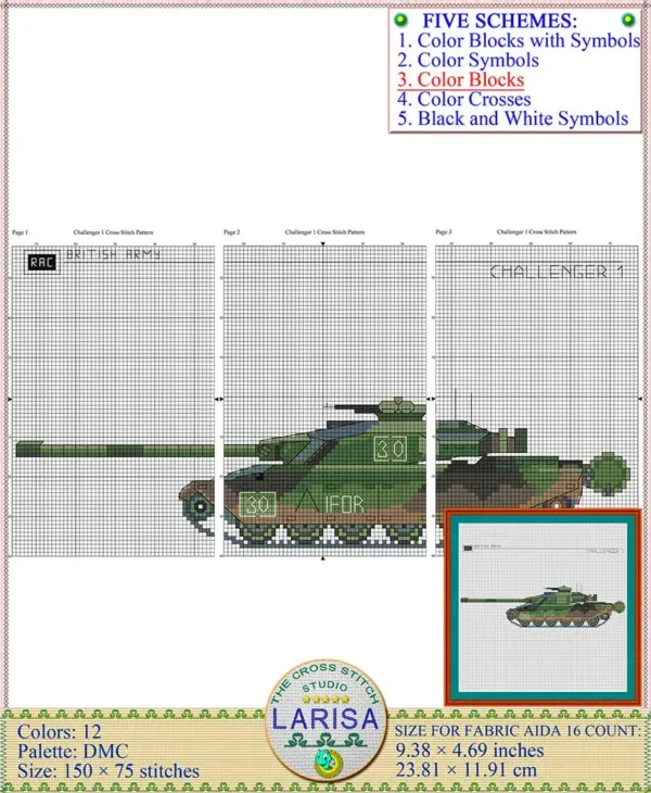 Challenger 1 Mk 3 tank cross stitch design