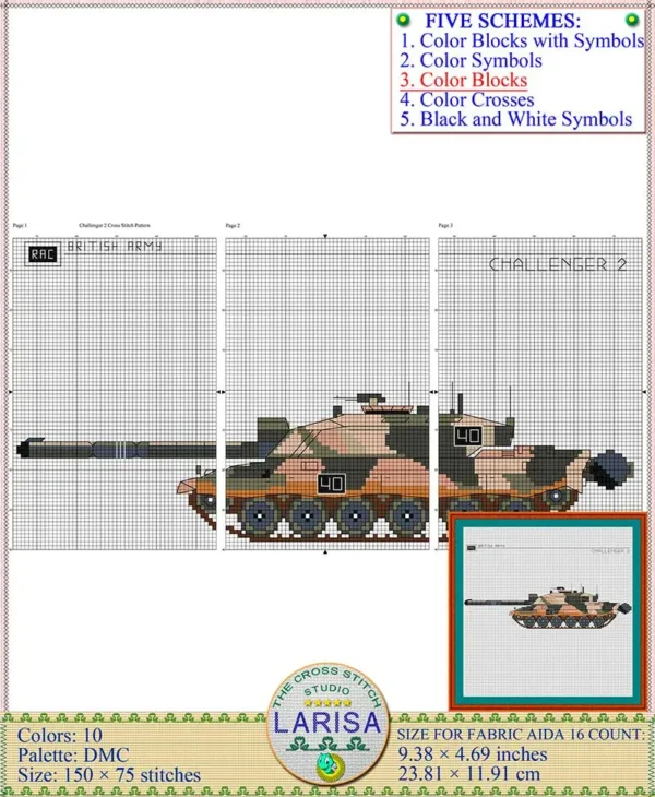 Cross stitch project inspired by British MBT Challenger 2