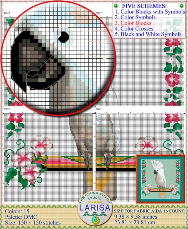 White cockatoo cross stitch pattern with flowers