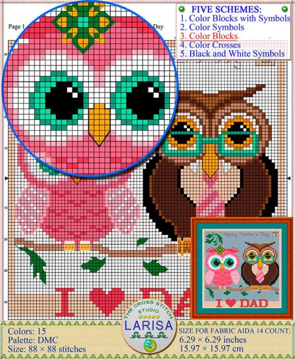 Father's Day cross stitch pattern featuring adorable owl-dad and owl-daughter