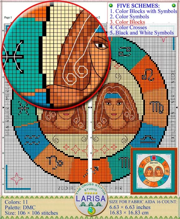 Gemini twins represented in the center of the cross stitch pattern