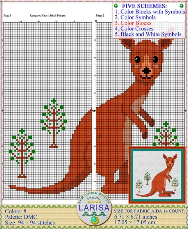 Baby kangaroo cross stitch design with tree accents