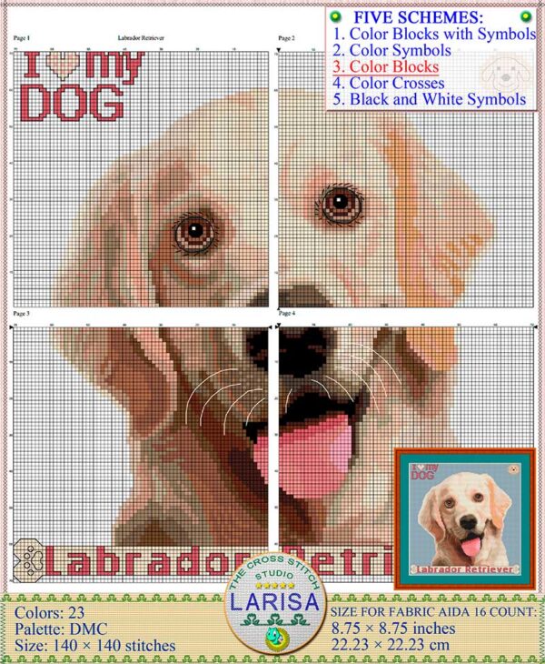 Adorable Labrador cross stitch pattern featuring a playful Yellow Lab