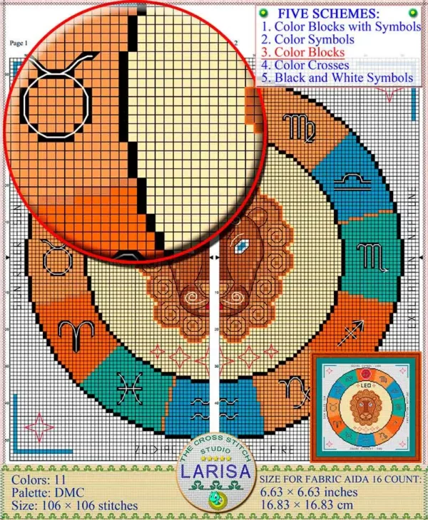 Warm color palette used in Leo zodiac cross stitch