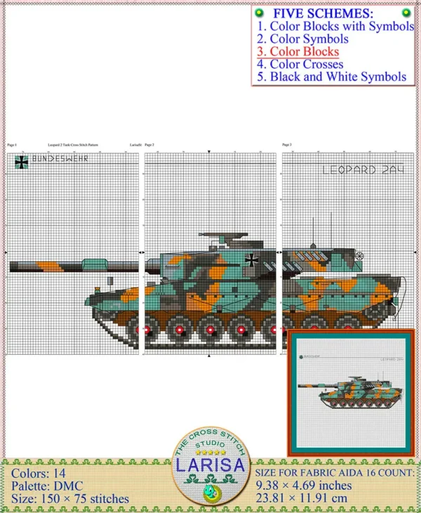 Leopard 2 tank cross stitch design