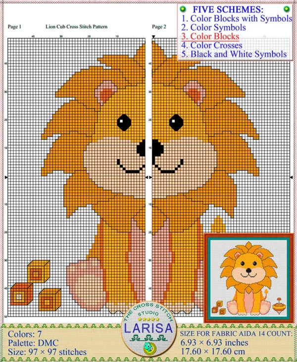 Colorful lion cub design for cross stitch