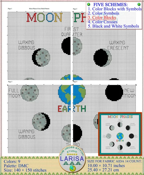 Night sky cross stitch design of lunar phases
