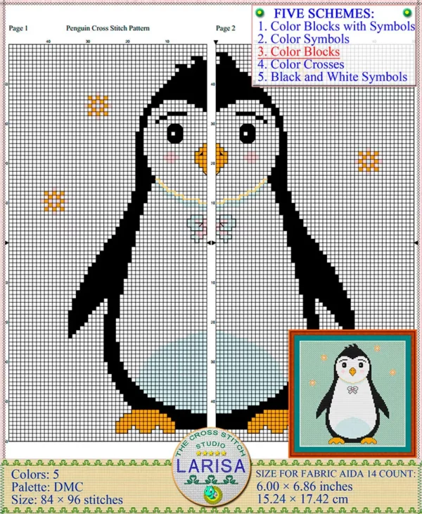 Penguin cross stitch chart with snowflakes
