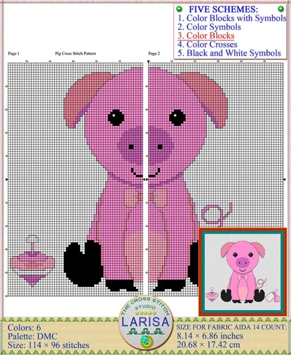 Piglet cross stitch design with curly tail