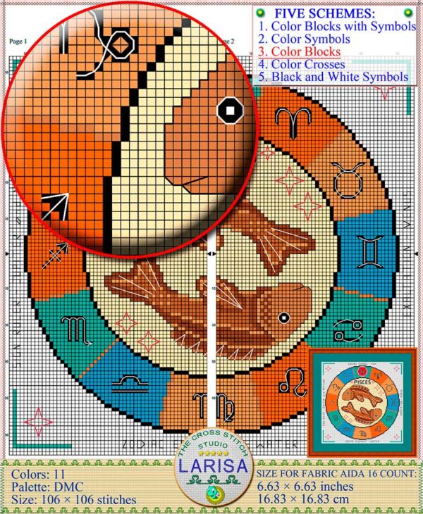 Vibrant Pisces Cross Stitch Chart - Fish Symbol and Zodiac Constellations