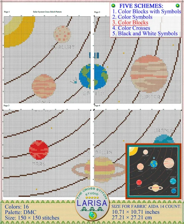 Celestial stitching pattern with planetary orbits