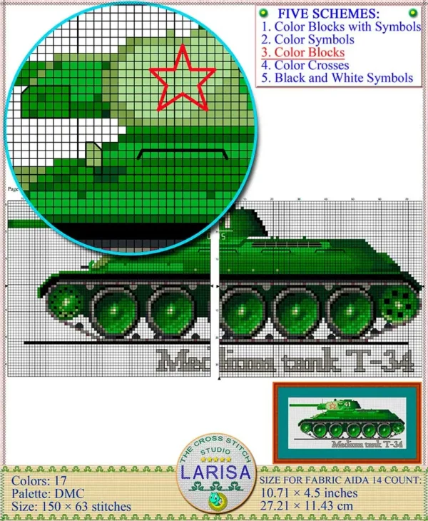 Powerful tank of World War II in cross stitch pattern