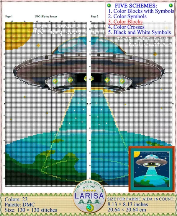 Cosmic Allure: Flying Disc and Planet in Cross Stitch Pattern